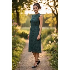 Bardot Emerald Green Floral Lace Mock Neck Midi Dress Minimalist Wedding Guest S